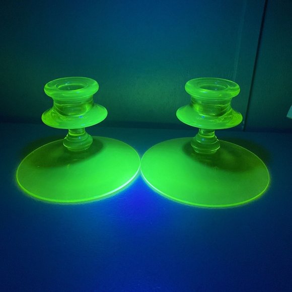 Vintage Green Uranium Vaseline Depression Glass Candlestick Holders Pair - Picture 1 of 9